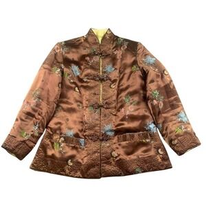 Vintage Peony Jacket Women M Brown Silk Wadding Padded Coat Chinese Shanghai